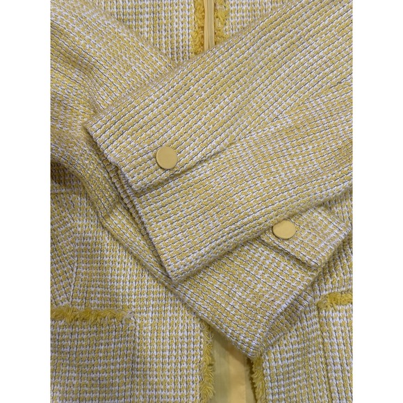 Talbots Yellow Tweed Jacket Women's Size 12 Fringe Trim Open Front Blazer - Picture 9 of 11